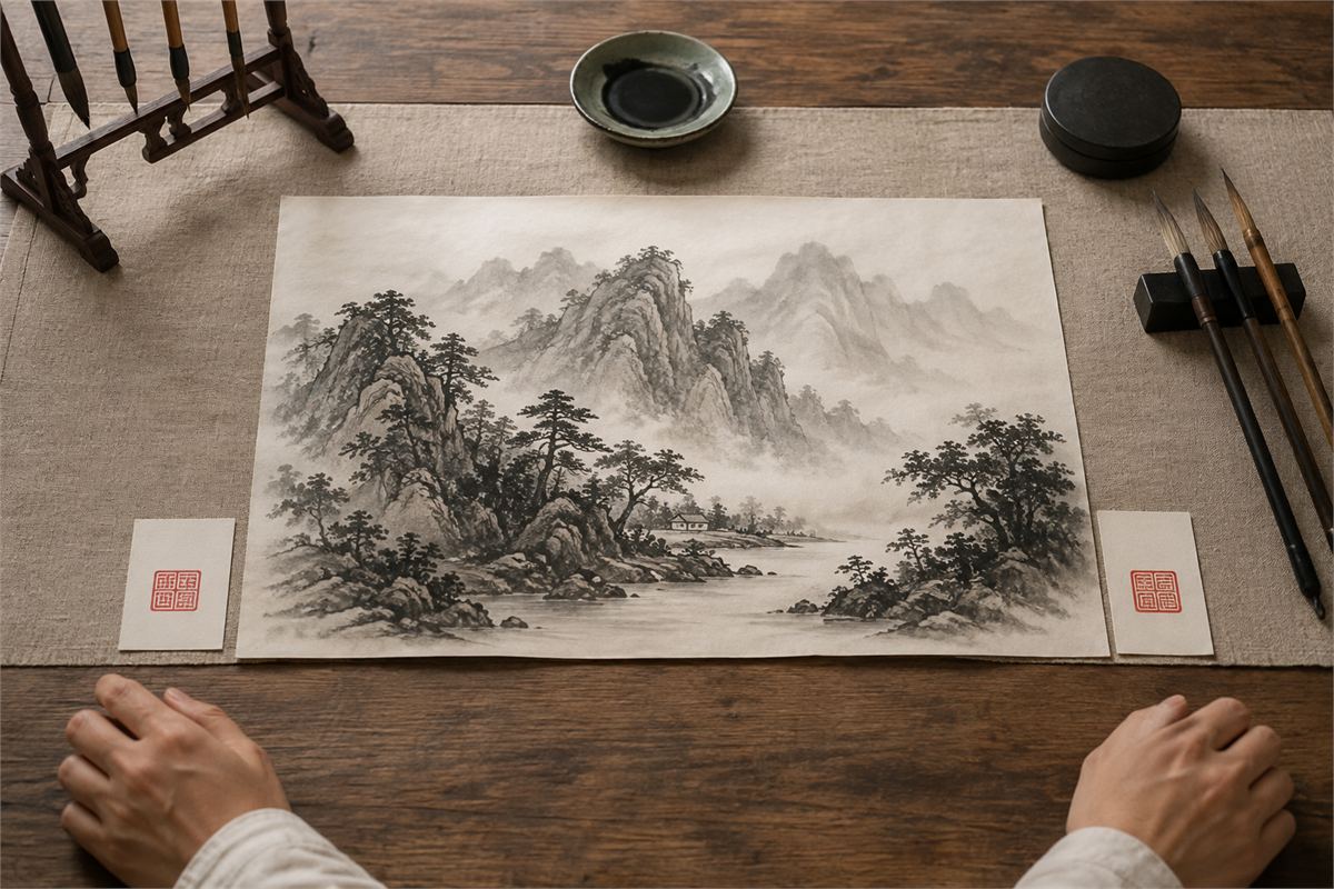 Separate red seal impressions on practice slips beside the lower corners of an ink landscape