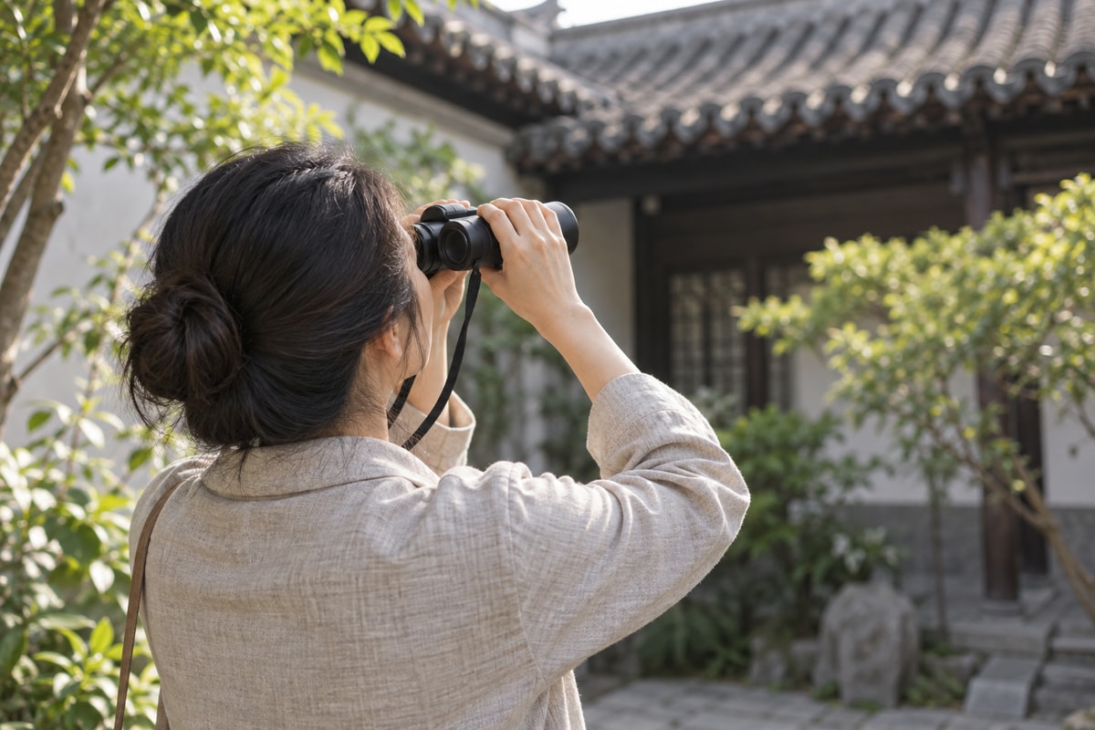 A visitor in a linen jacket uses binoculars beneath a softly blurred tiled roof.