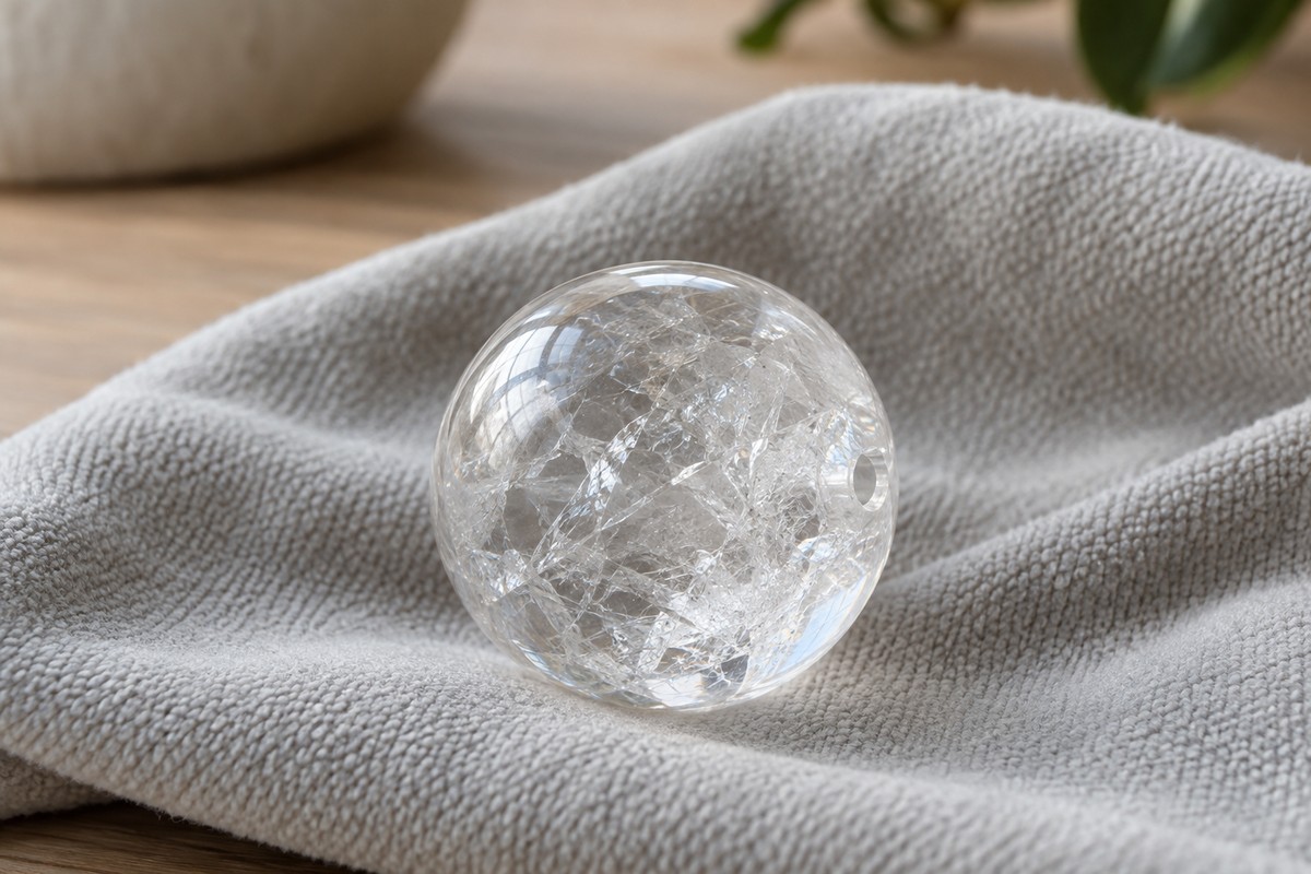 A clear round bead with a fine network of internal fractures on a soft cloth.