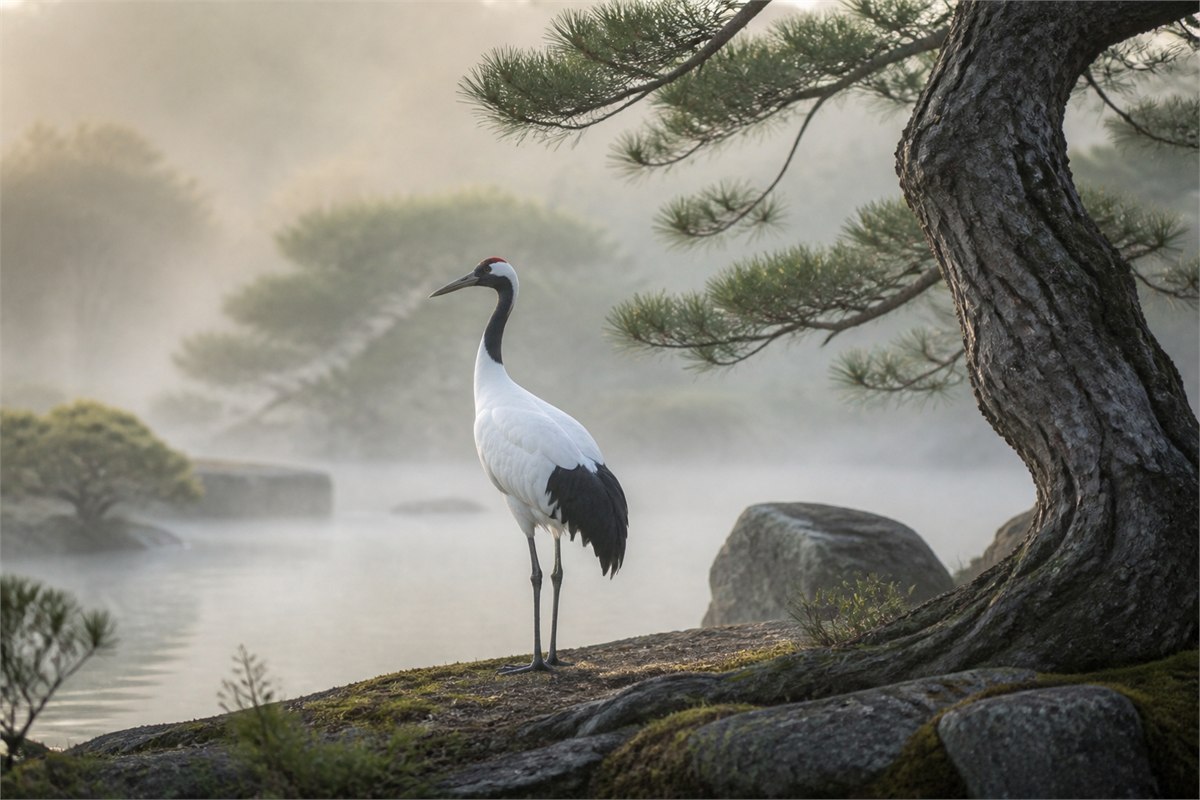 A realistic red-crowned crane standing beside an old pine tree in soft morning mist