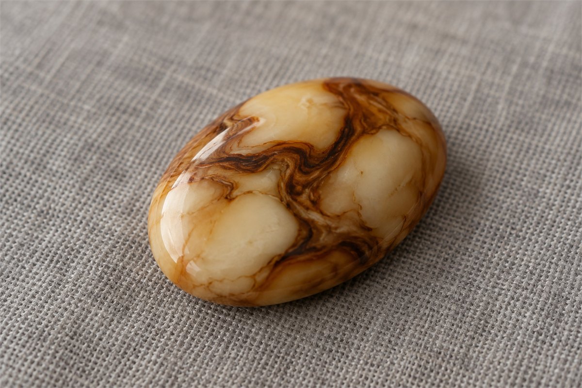 A polished piece with cream and brown flowing patterns on gray linen.