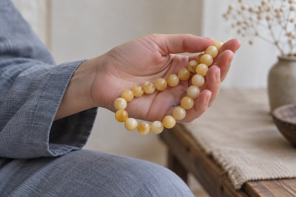 A creamy amber strand drapes across a relaxed hand.