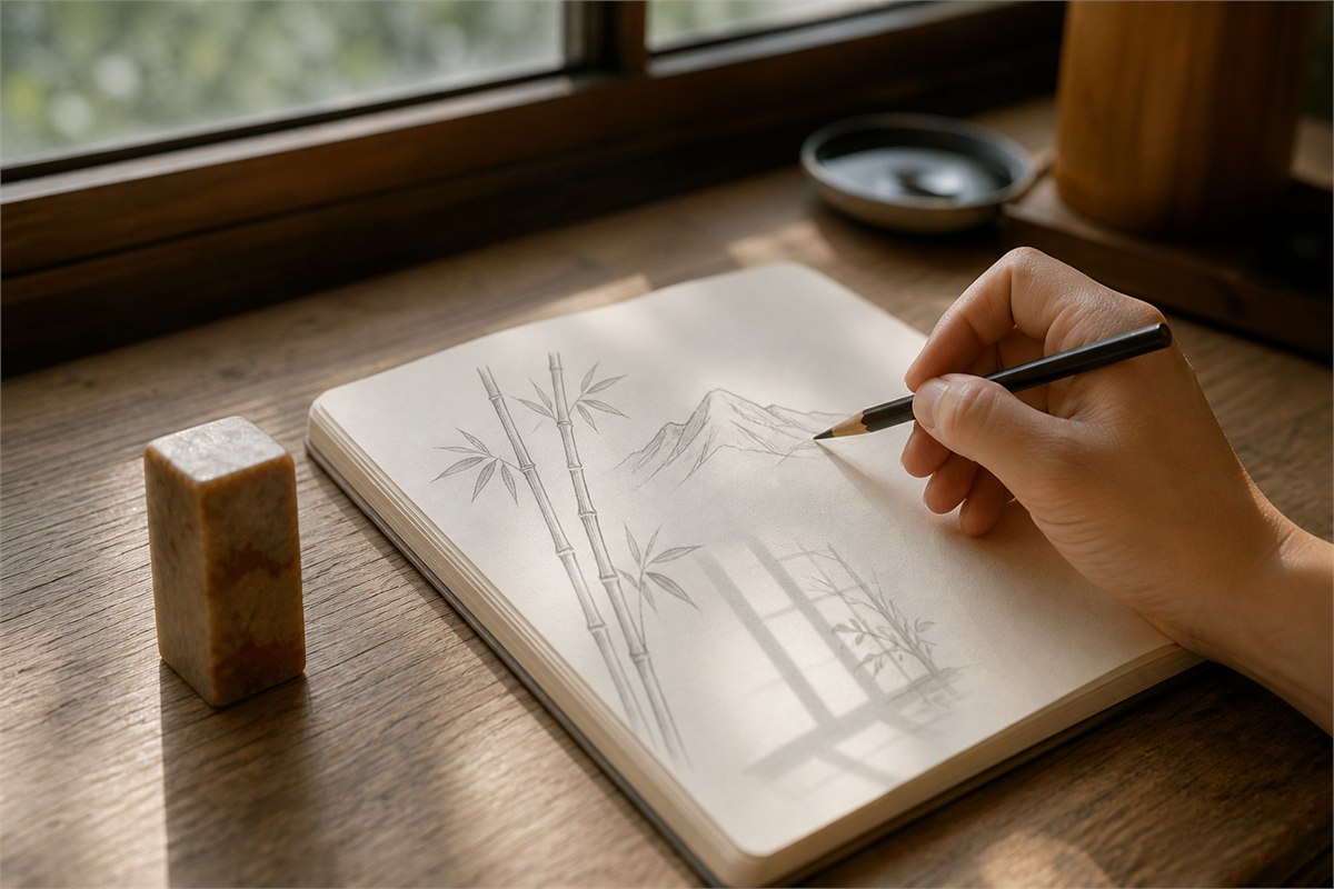 Hand sketching bamboo and a window in a notebook beside a pale stone seal