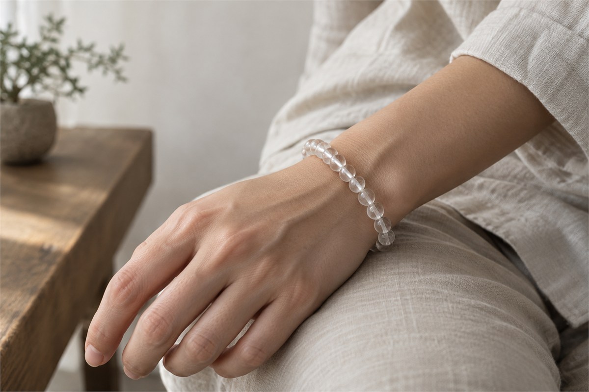 A clear quartz bead bracelet worn comfortably above an adult wrist.