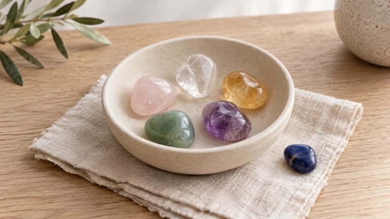 A shallow ivory bowl of softly colored stones with a blue lapis pebble beside it.