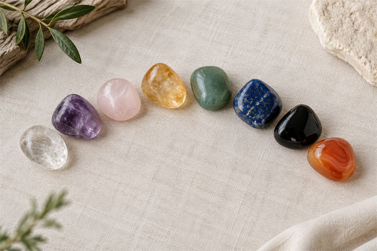 Eight polished stones in clear, purple, pink, yellow, green, blue, black, and orange on ivory linen.