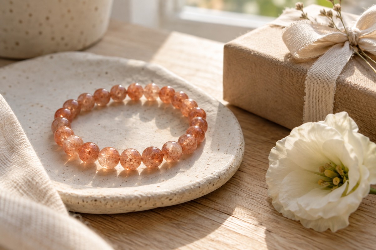 Sunstone bracelet beside a wrapped gift and a cream flower