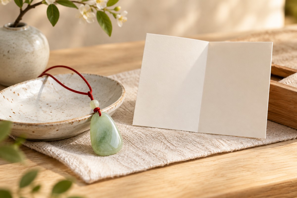 Pale green stone pendant on a red cord beside an open blank card