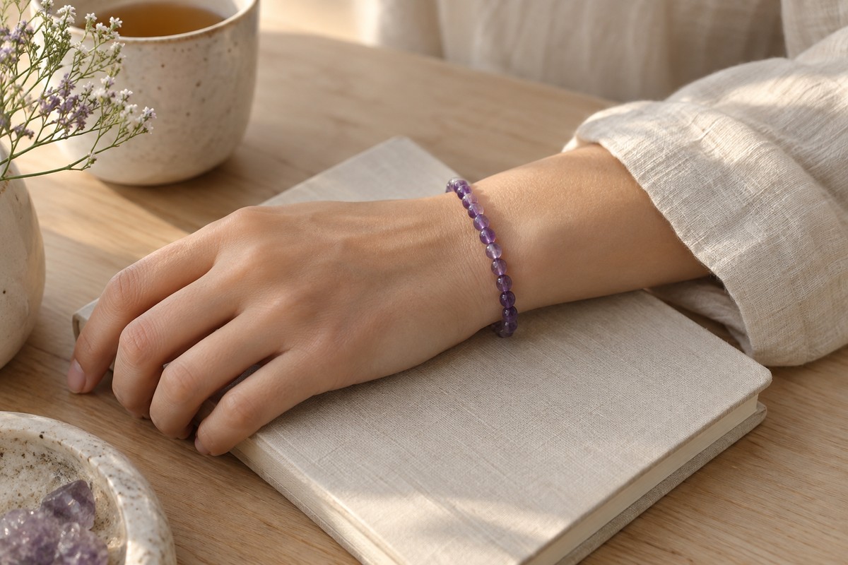 Adult wrist wearing a small-bead amethyst bracelet