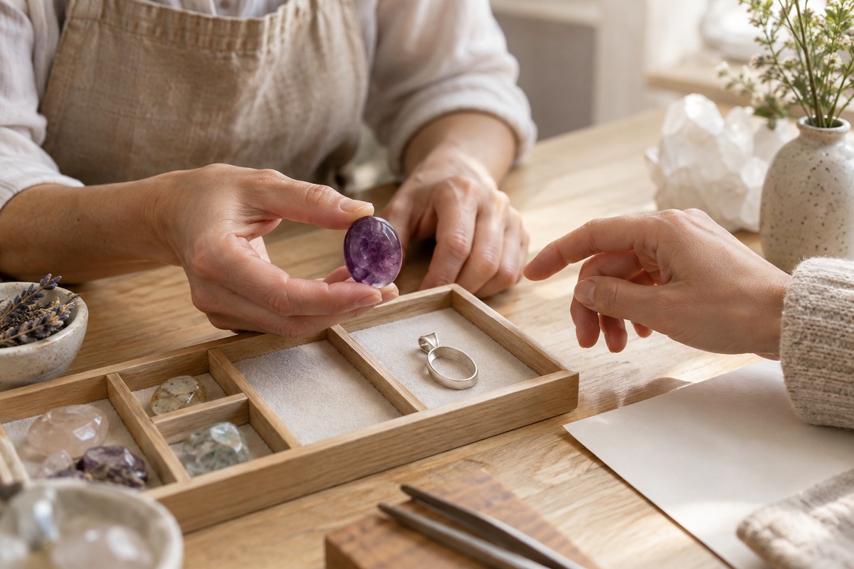 Jewelry maker and customer considering an amethyst and a pendant setting