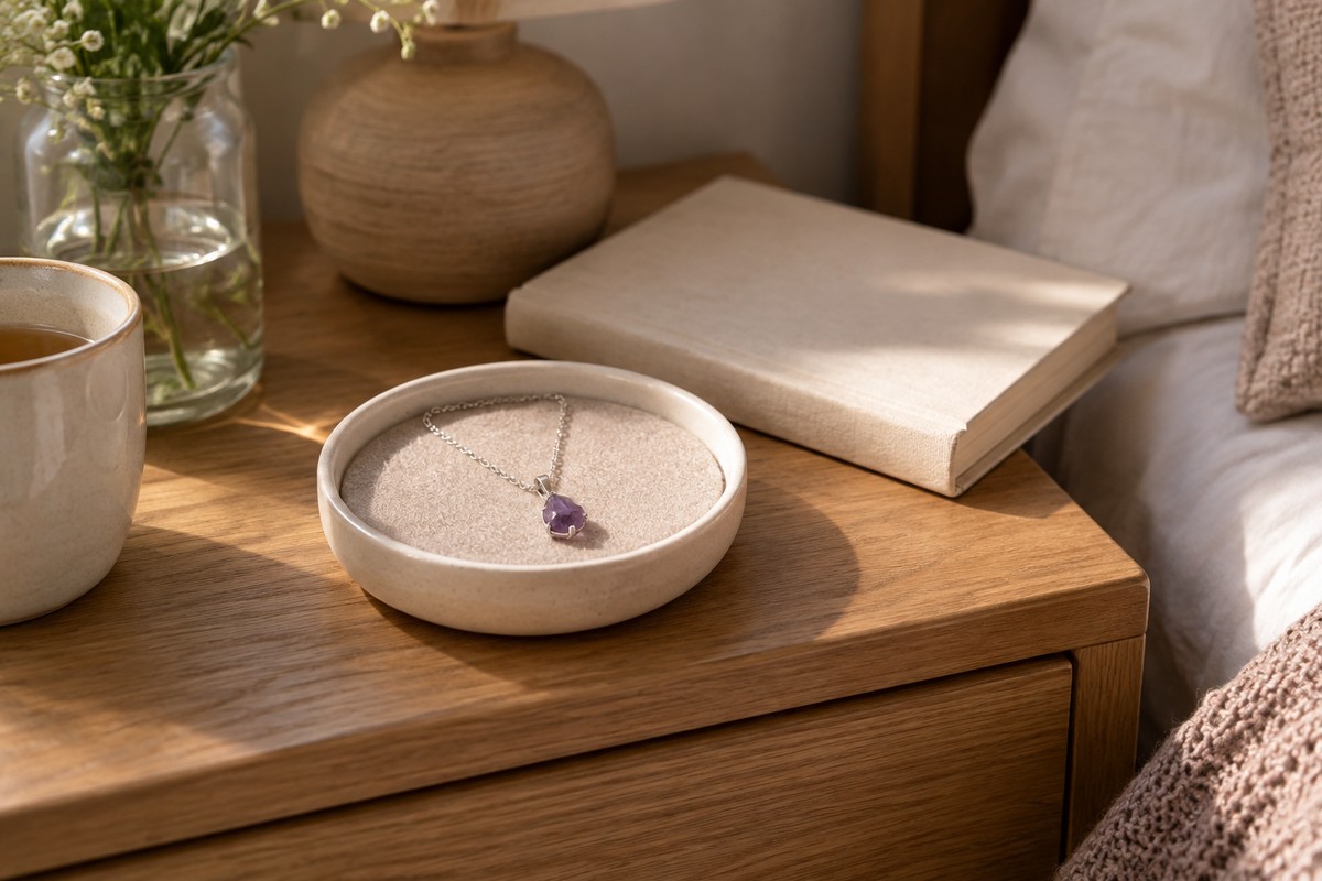 Amethyst pendant in a lined dish on a bedside table