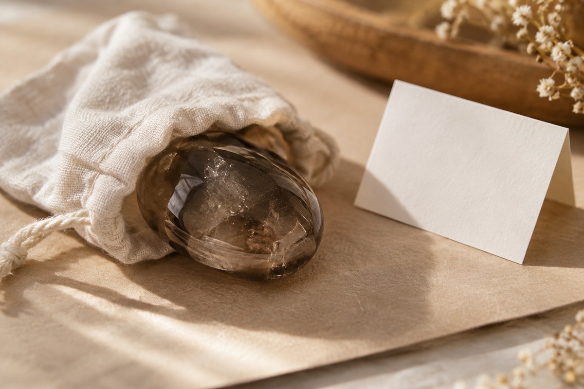 Smoky quartz pocket stone in a soft pouch beside a blank card
