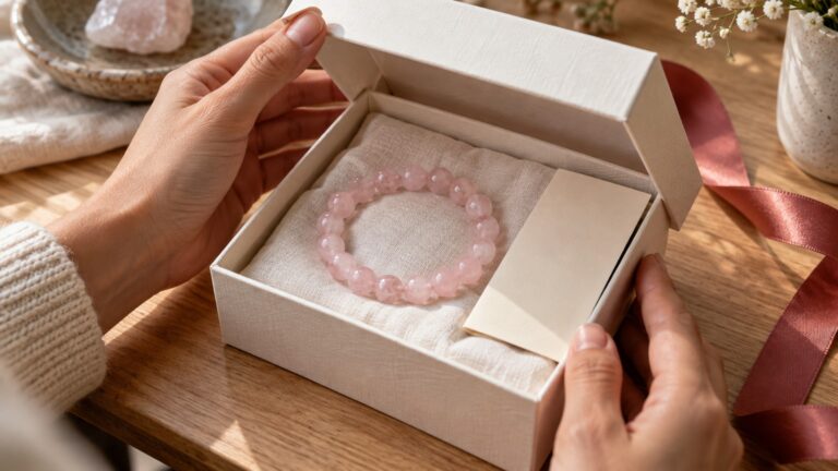 Adult hands opening a rose quartz bracelet gift box with a cream card and red ribbon