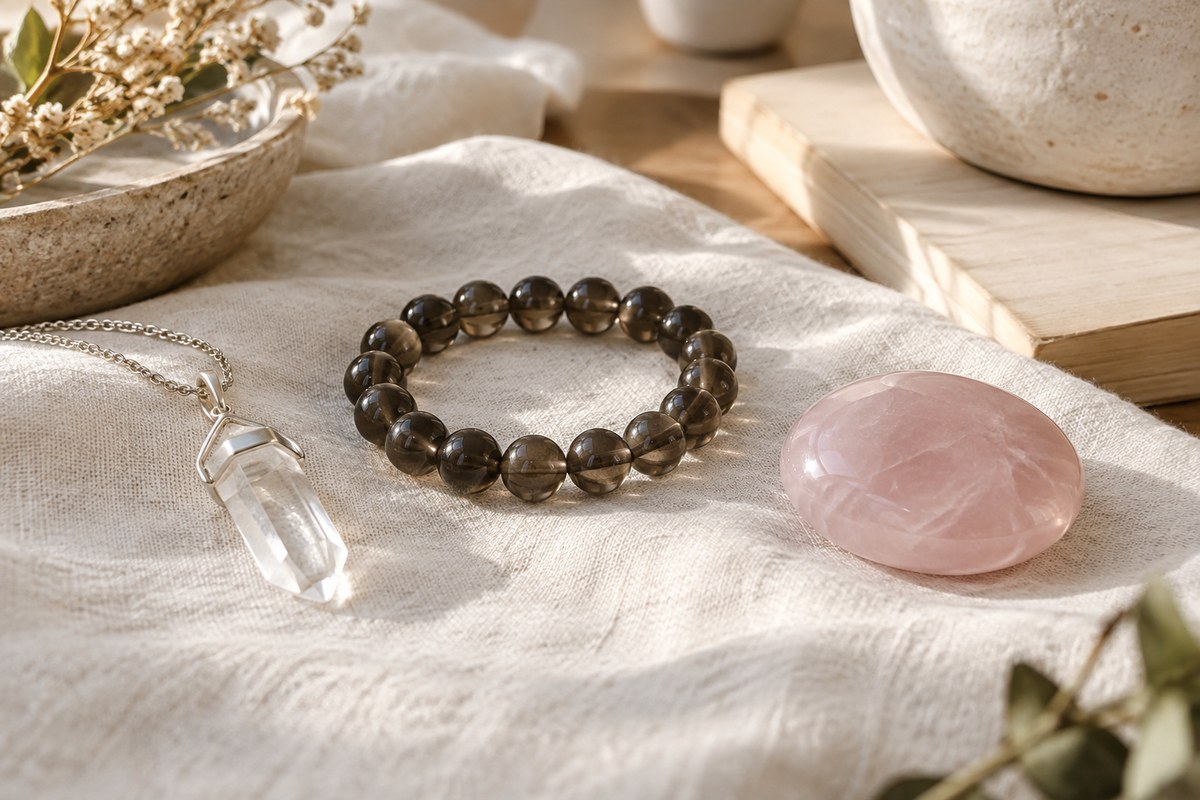 Quartz pendant, smoky quartz bracelet and rose quartz pocket stone on linen