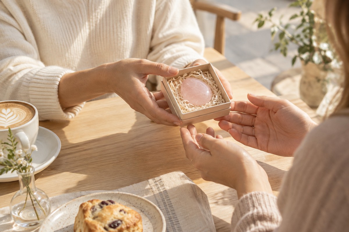 Two adults sharing a boxed rose quartz pocket stone at a cafe