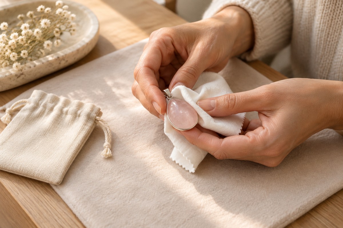 Adult gently wiping a rose quartz pendant with a soft dry cloth