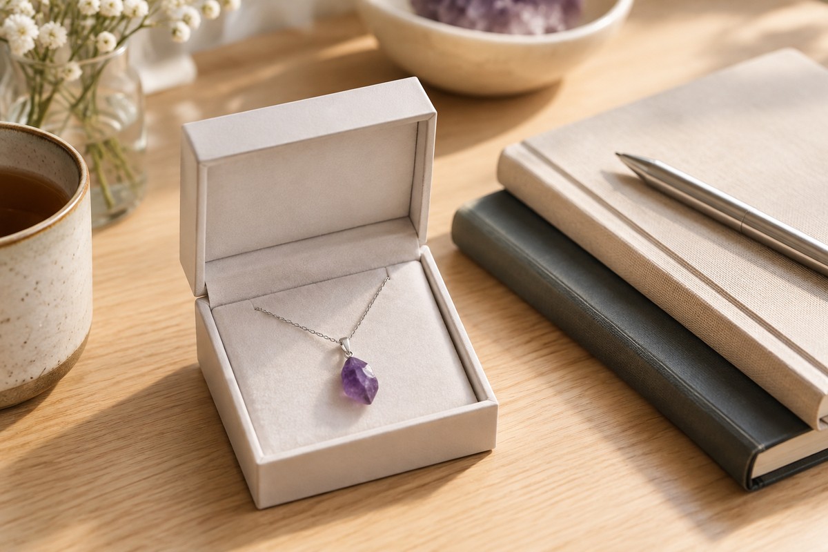 Amethyst pendant in a gift box beside notebooks and a pen