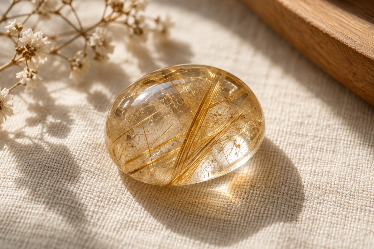 Golden needle inclusions inside a polished quartz cabochon