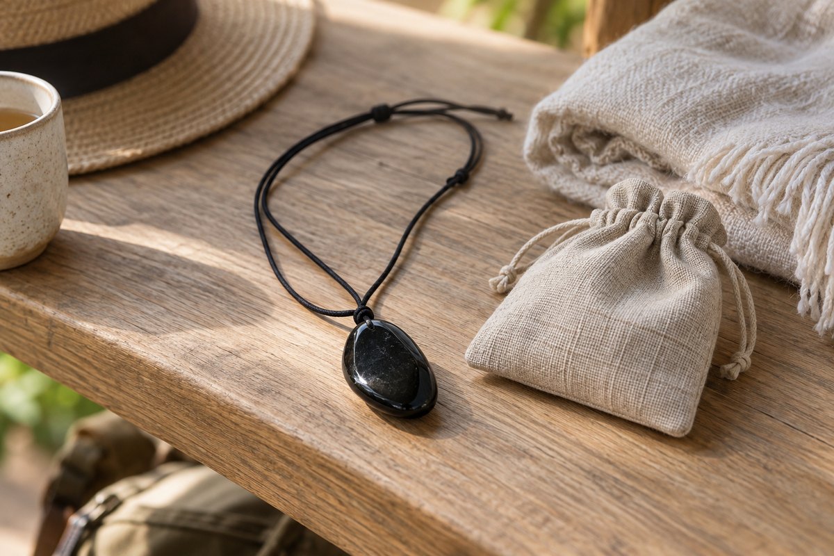 Black obsidian pendant beside a linen pouch and a folded scarf