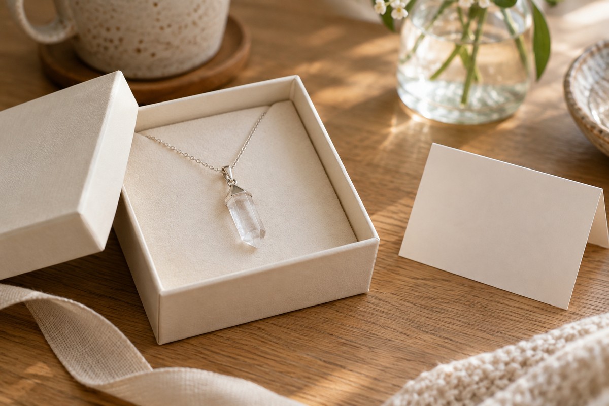 Clear quartz pendant in a cream gift box beside a blank folded card