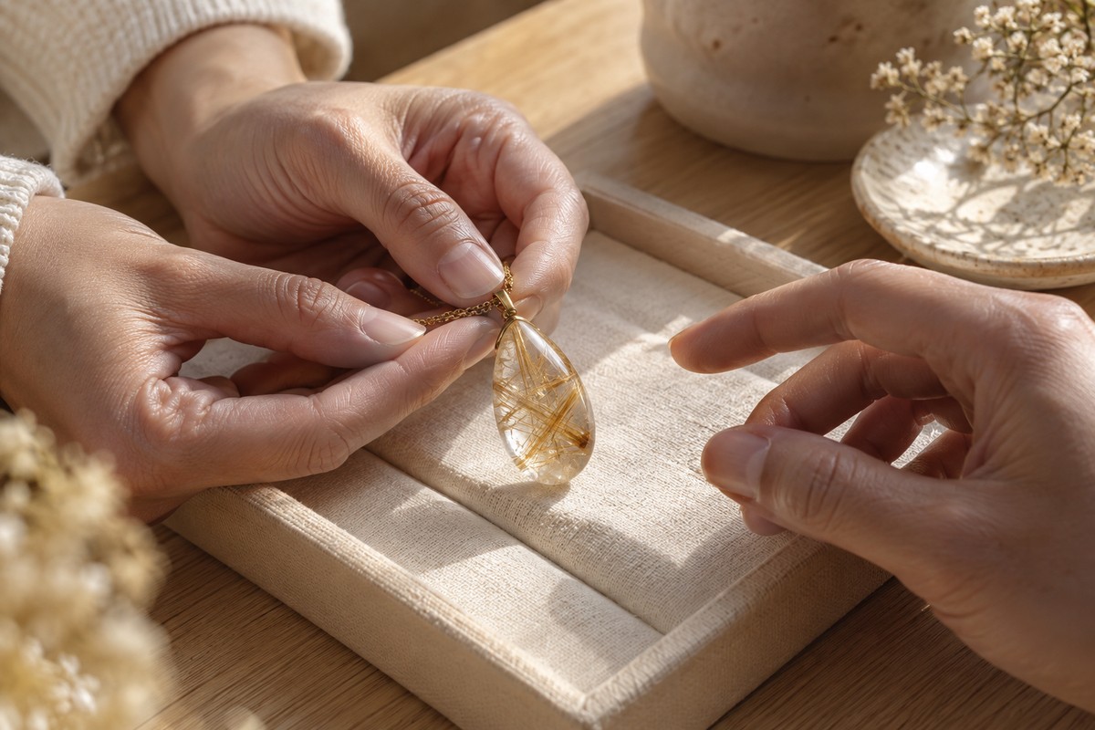 Two adults examining a golden rutilated quartz pendant together