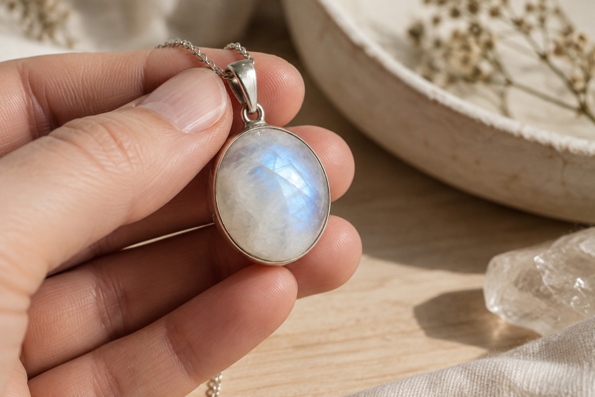 Adult hand holding a moonstone pendant with a soft blue sheen