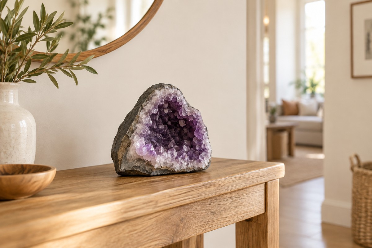 Amethyst geode resting on a broad base on a wooden home console