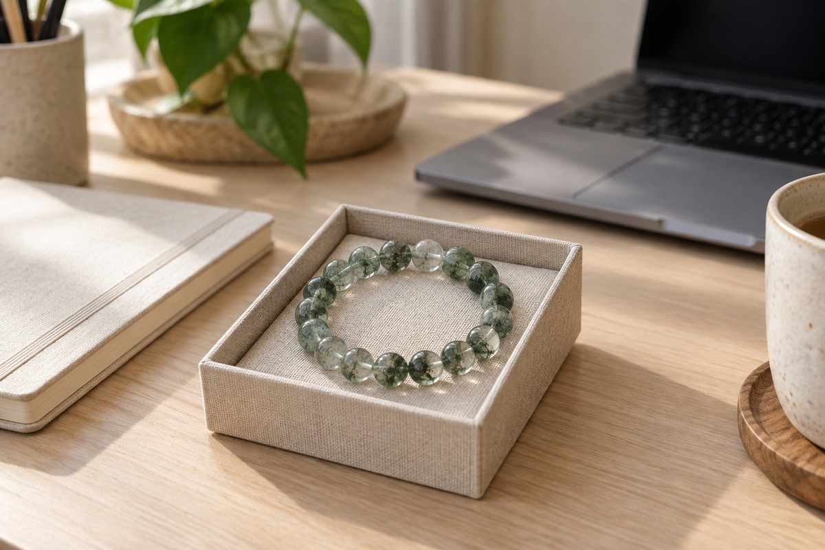 Green included quartz bracelet in a linen box on an office desk
