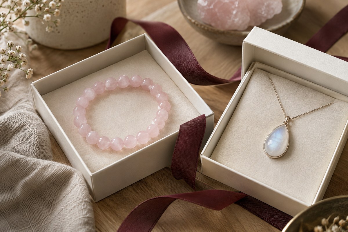 Rose quartz bracelet and moonstone pendant in separate ribboned boxes