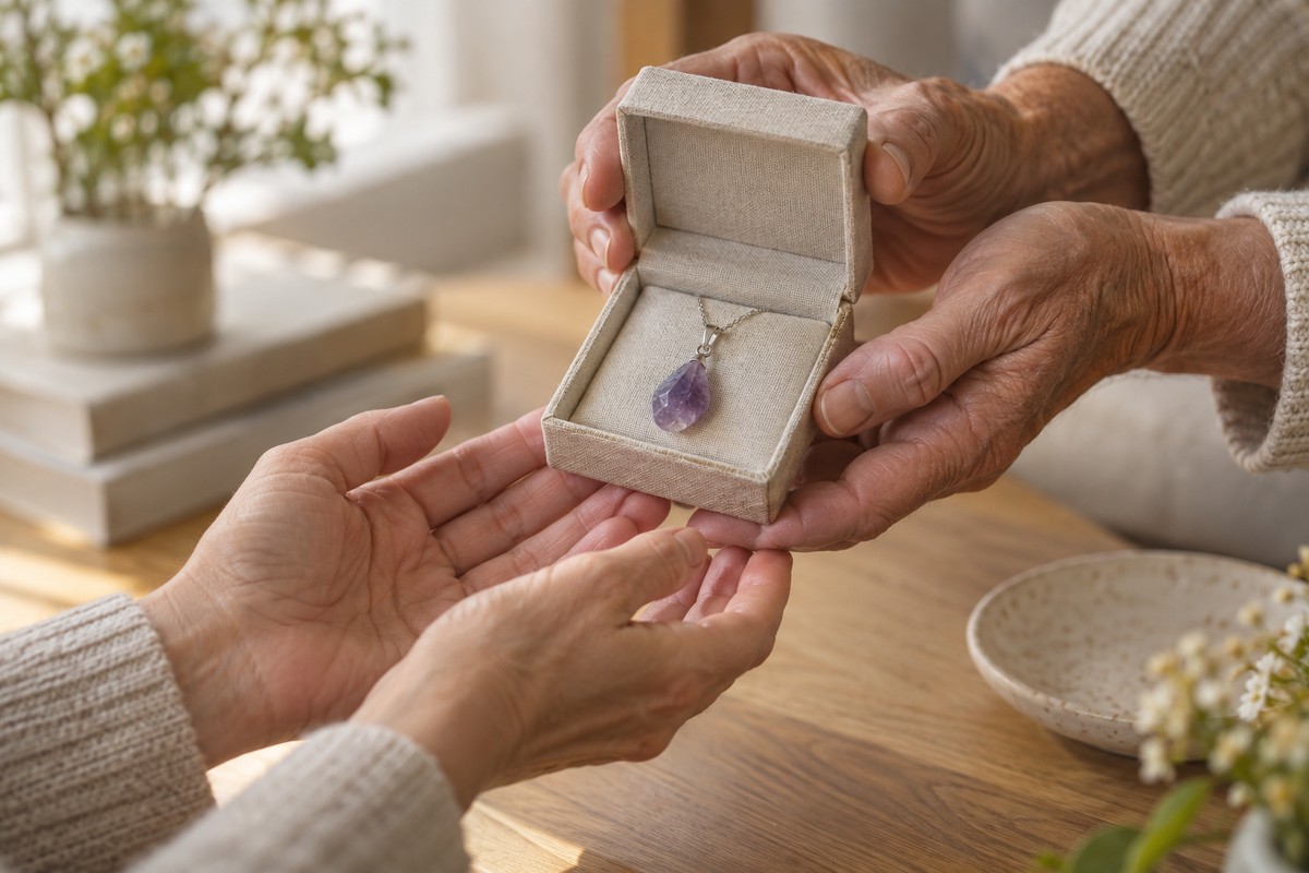 Older adult offering an amethyst pendant in a keepsake box