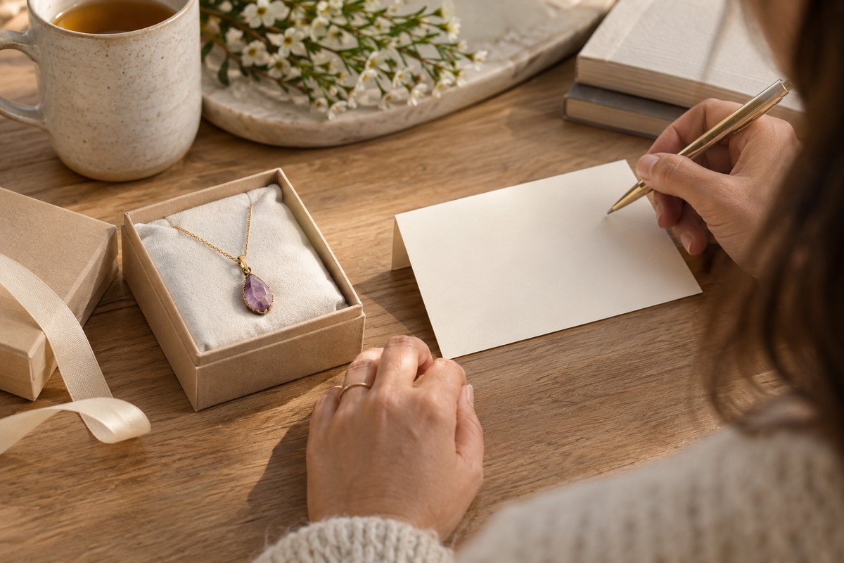 Adult preparing a blank gift card beside an amethyst pendant
