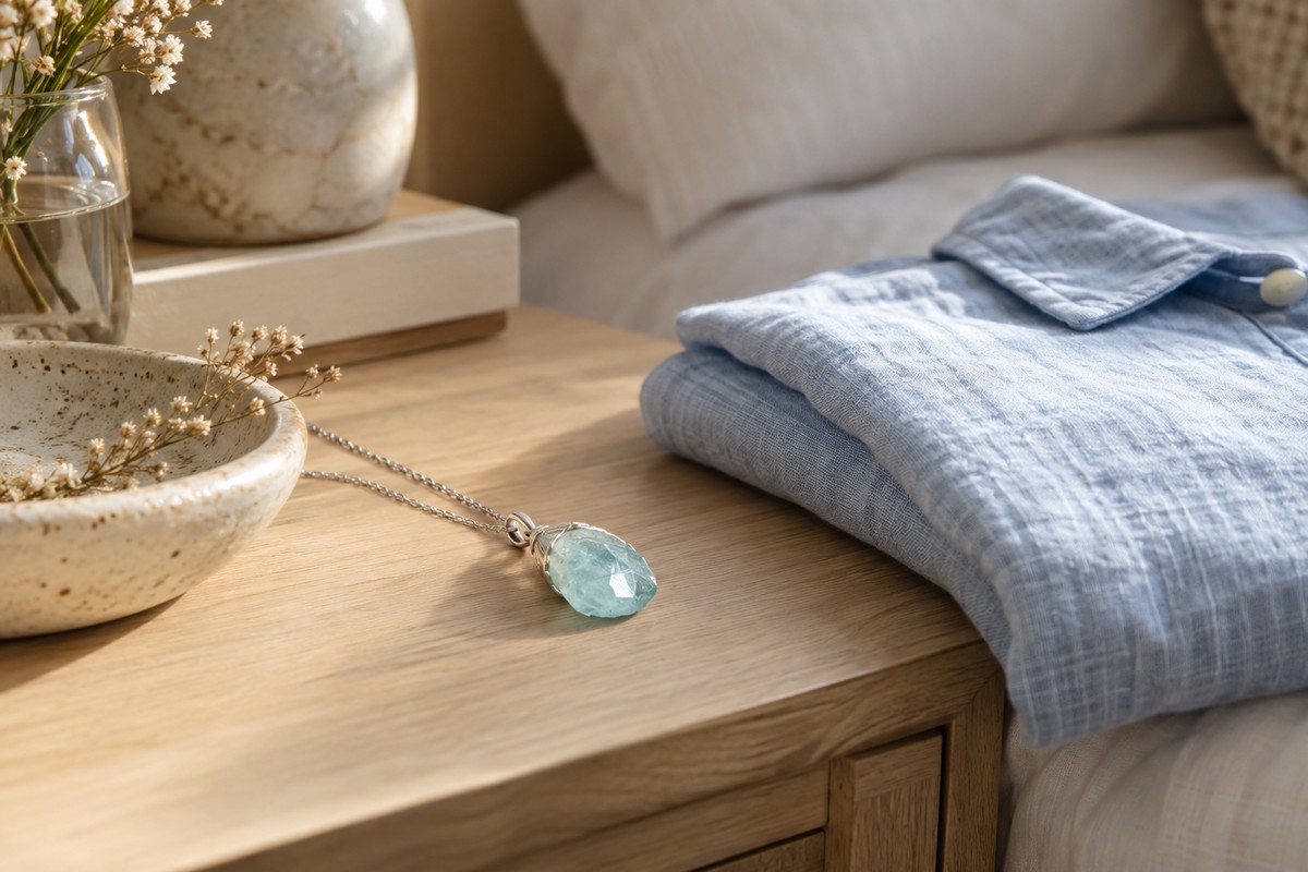 Aquamarine pendant beside a folded pale blue linen shirt