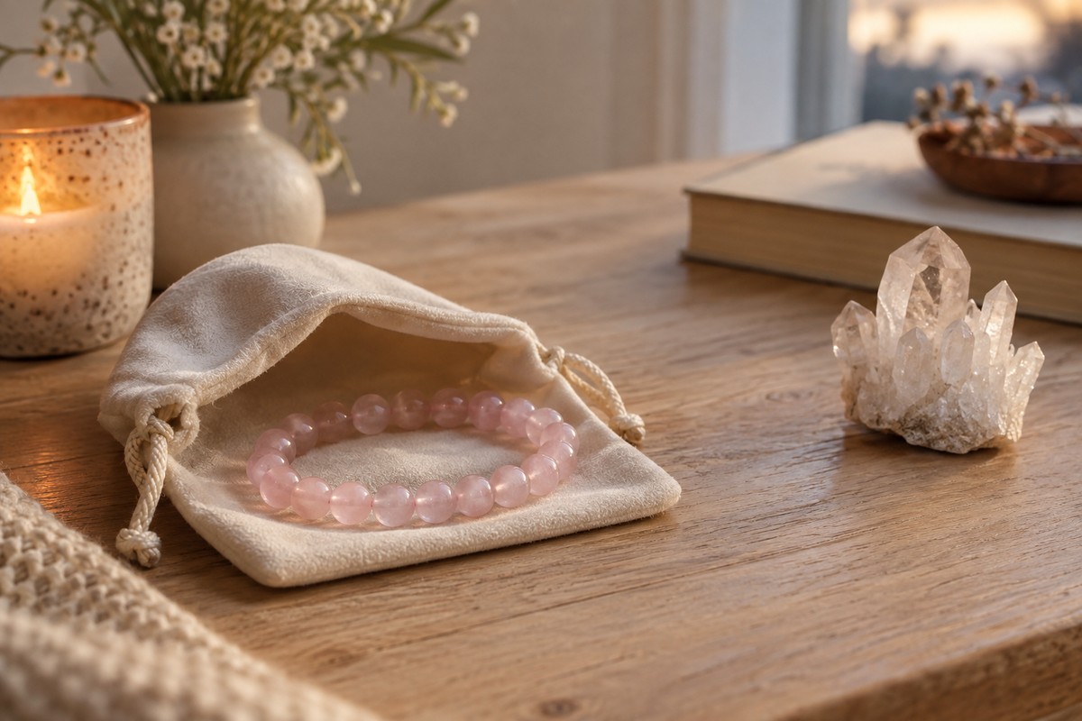 Rose quartz bracelet in a soft pouch placed separately from a quartz cluster