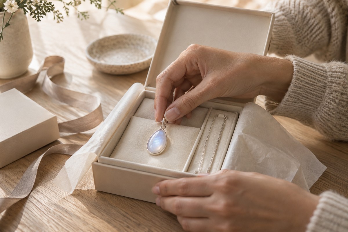 Adult placing a moonstone pendant into a padded gift box