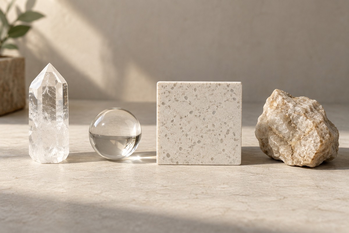 Quartz point, clear glass sphere, and two stone samples