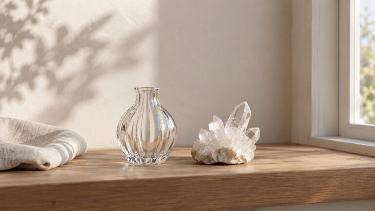 An empty clear glass bud vase and a quartz cluster on a wooden window ledge beside linen.