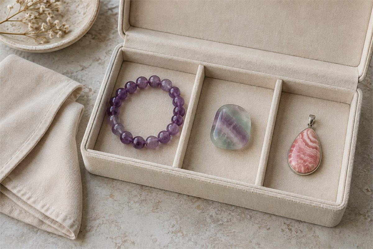 Three stone pieces kept apart in soft padded compartments beside a clean cloth.