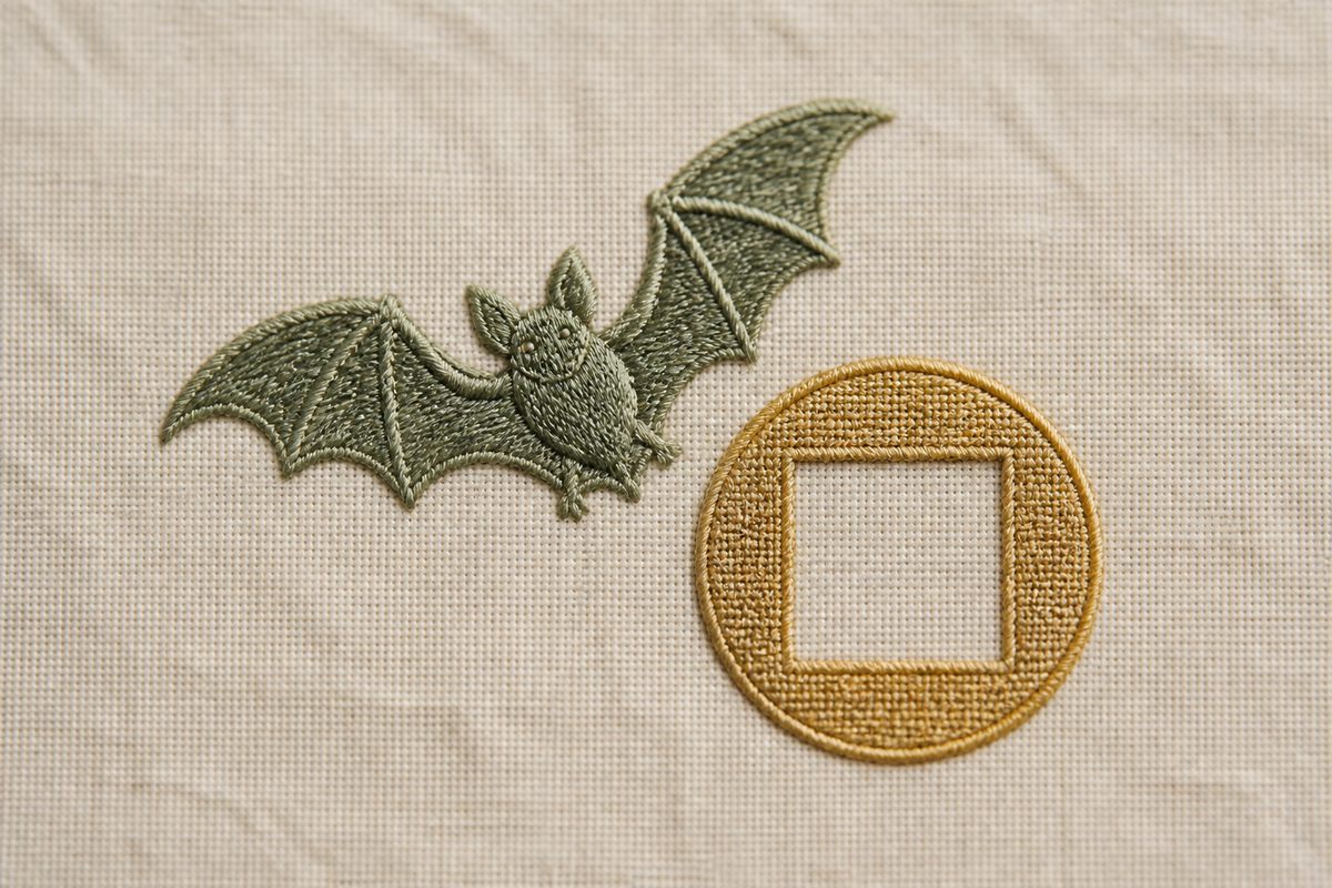 Single embroidered bat with curved wings beside a coin outline on ivory fabric.