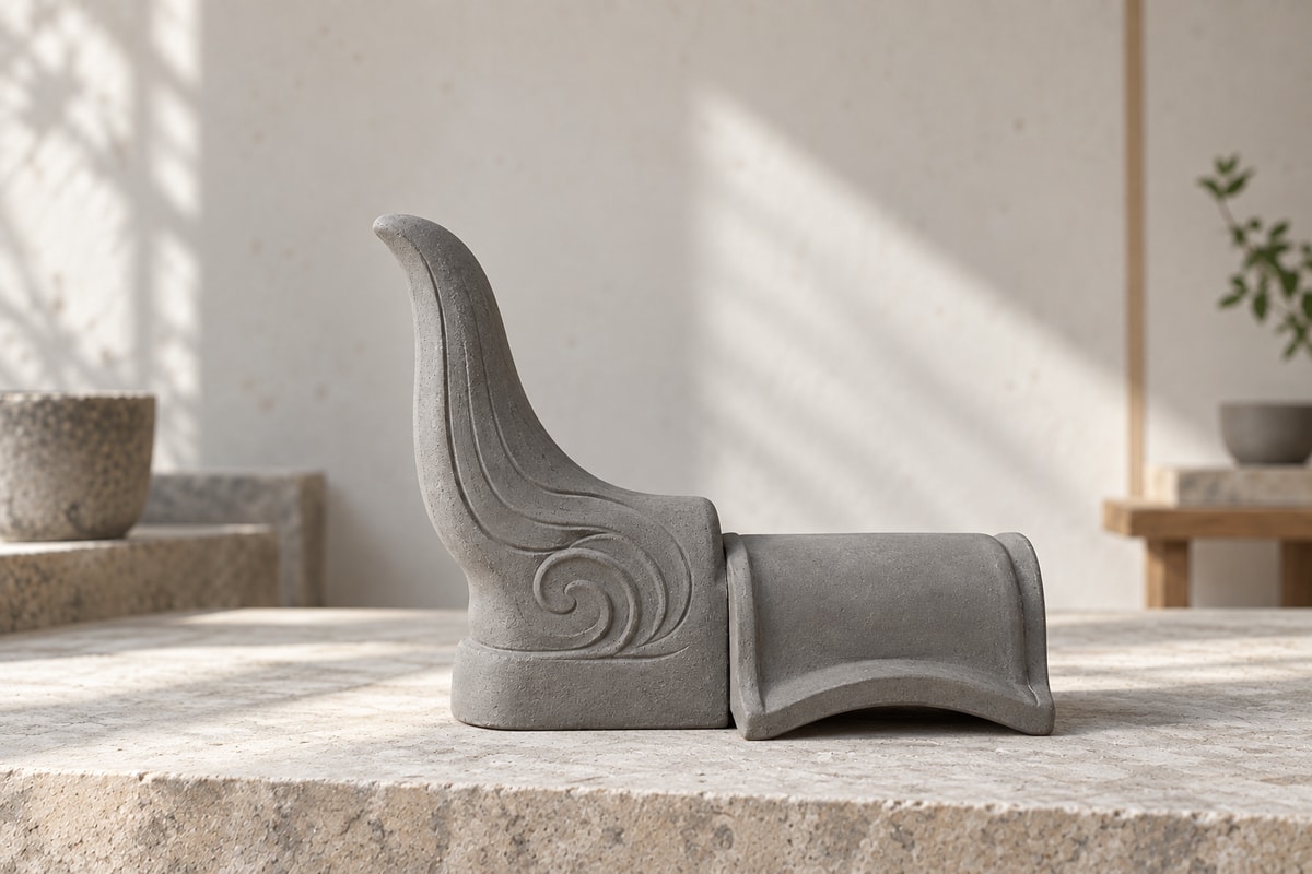 A tall curved gray ceramic ridge-end sample with incised lines and a hollow tile base.
