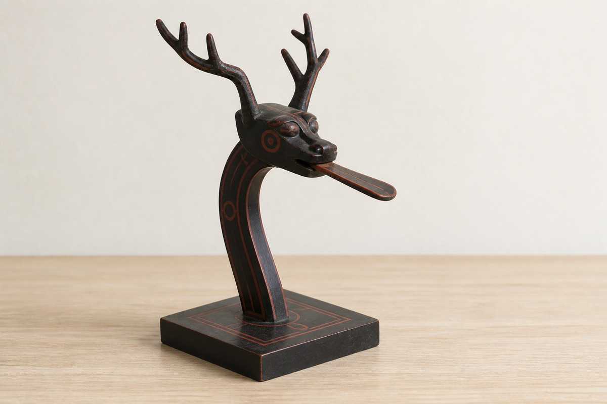 Bent-neck wooden guardian with a projecting tongue and carved base