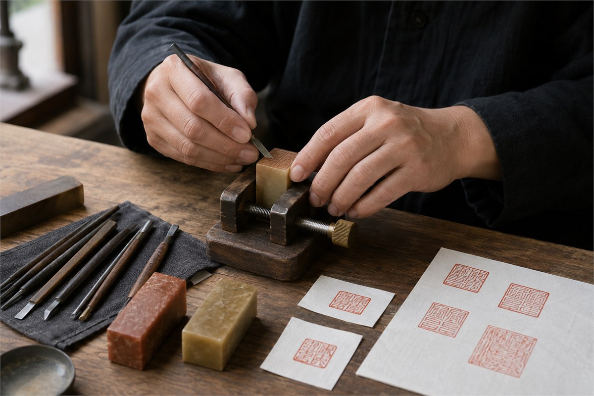 Seal carver working with a stone held in a clamp and fine carving tools arranged safely nearby