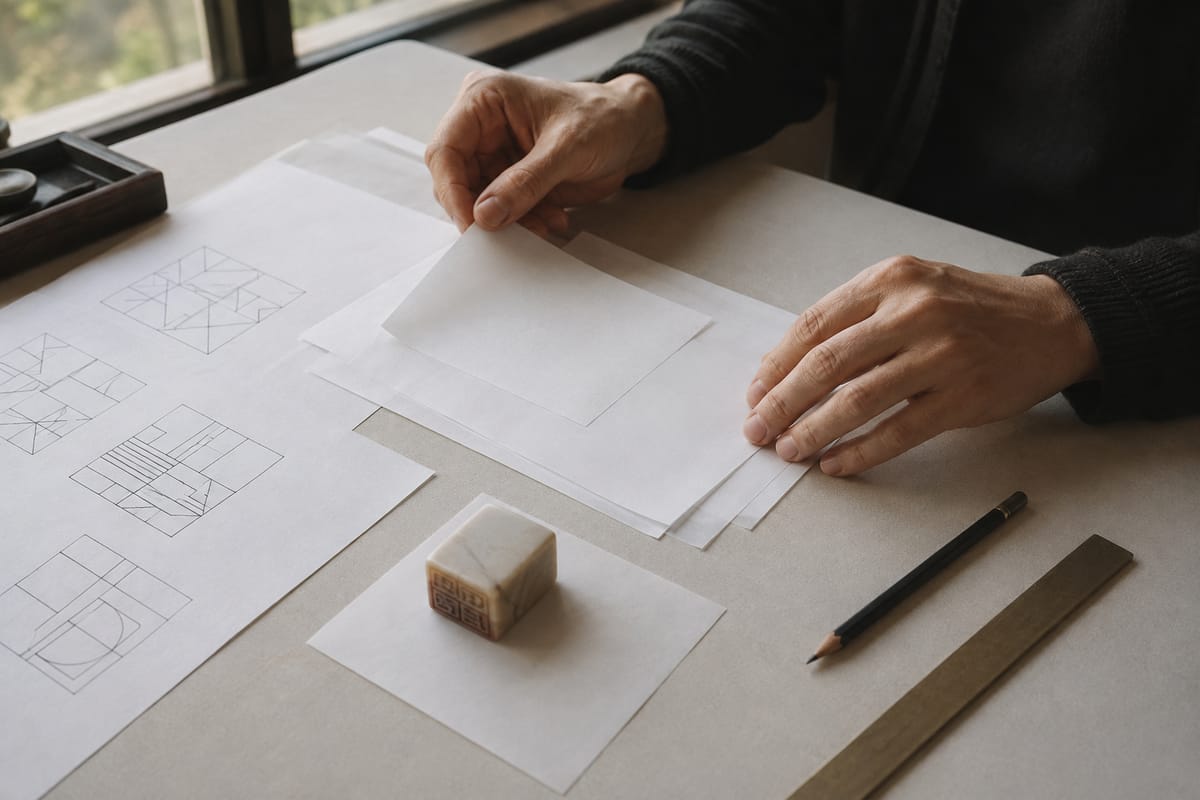 Hands arranging abstract geometric layouts for a custom library seal