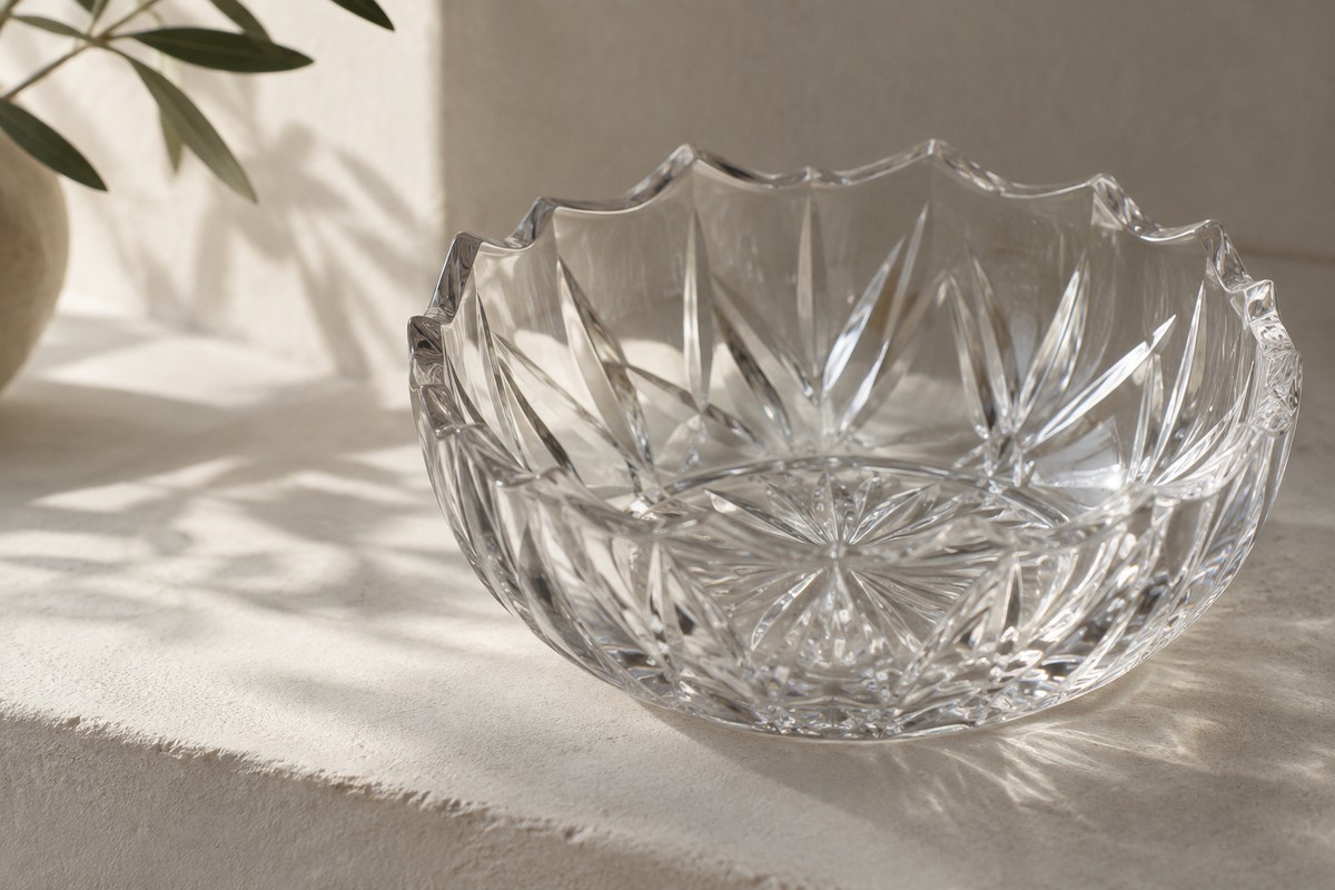 Close view of an empty clear glass bowl with geometric cuts around its rim.