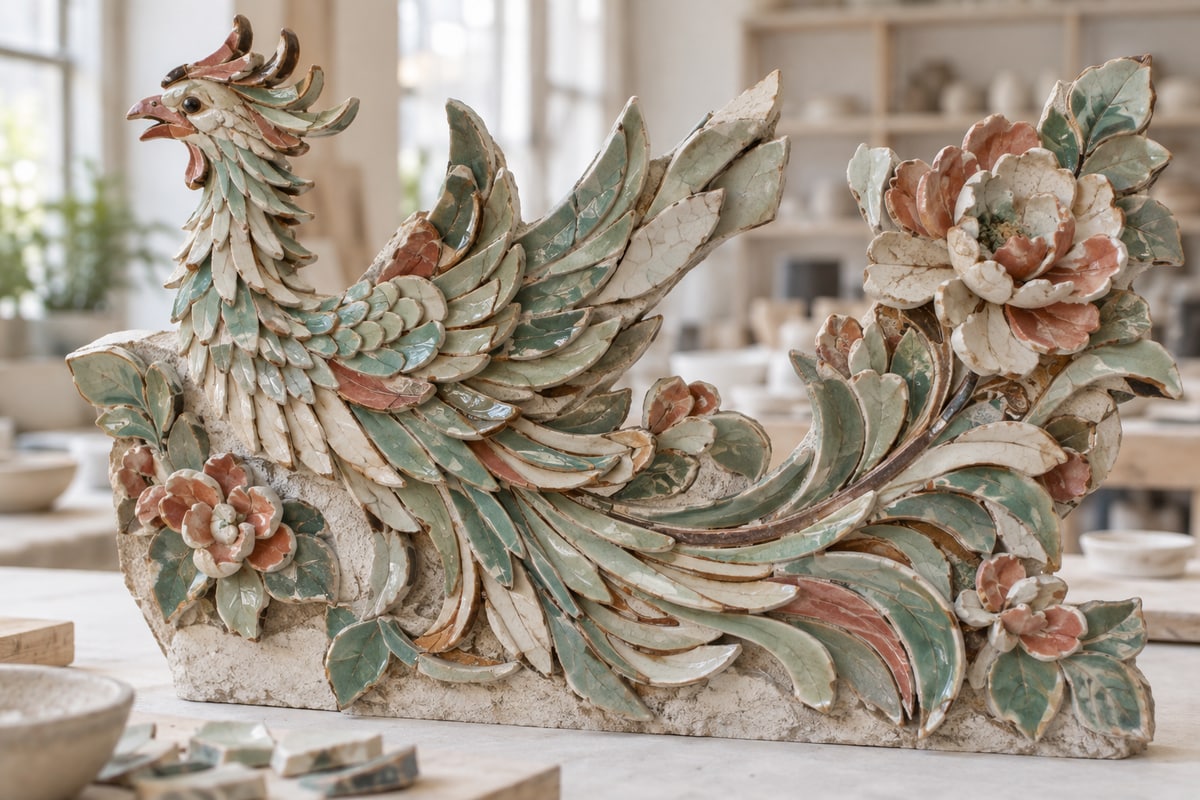 A phoenix and flowers assembled from overlapping pieces of muted colored ceramic.