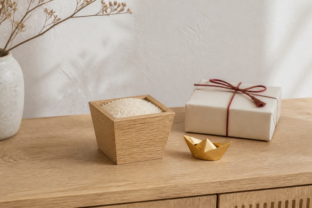 A wooden rice measure beside a folded golden paper ingot and an ivory gift box.