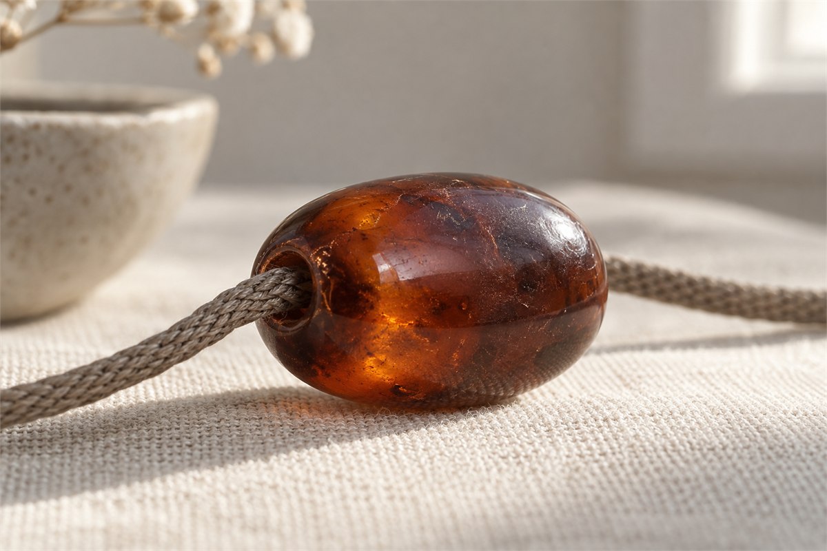 A dark cognac bead shows its rounded drill-hole rim and taupe cord.