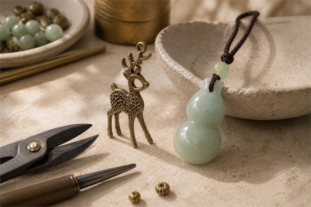 An openwork brass deer charm and pale green gourd pendant with jewelry tools