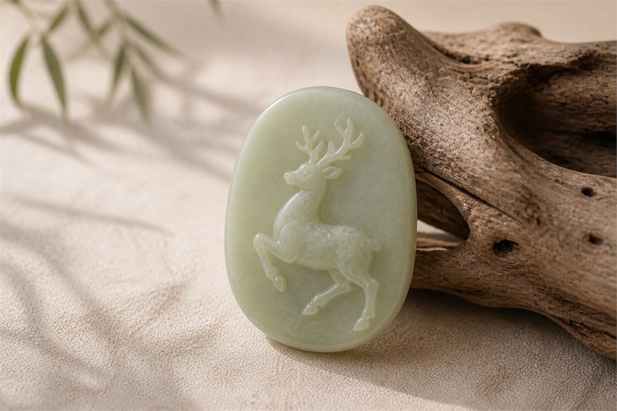 A pale green plaque carved with a naturalistic deer motif