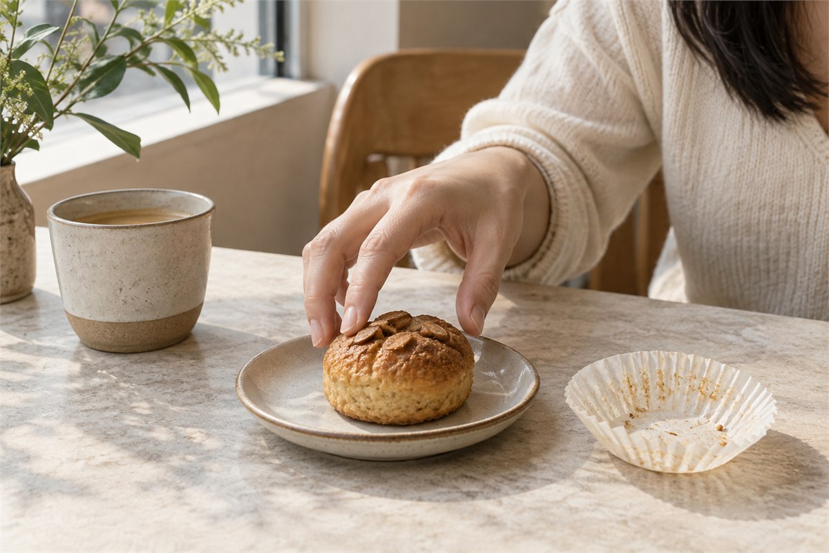 A hand paused above a pastry beside an empty paper liner.