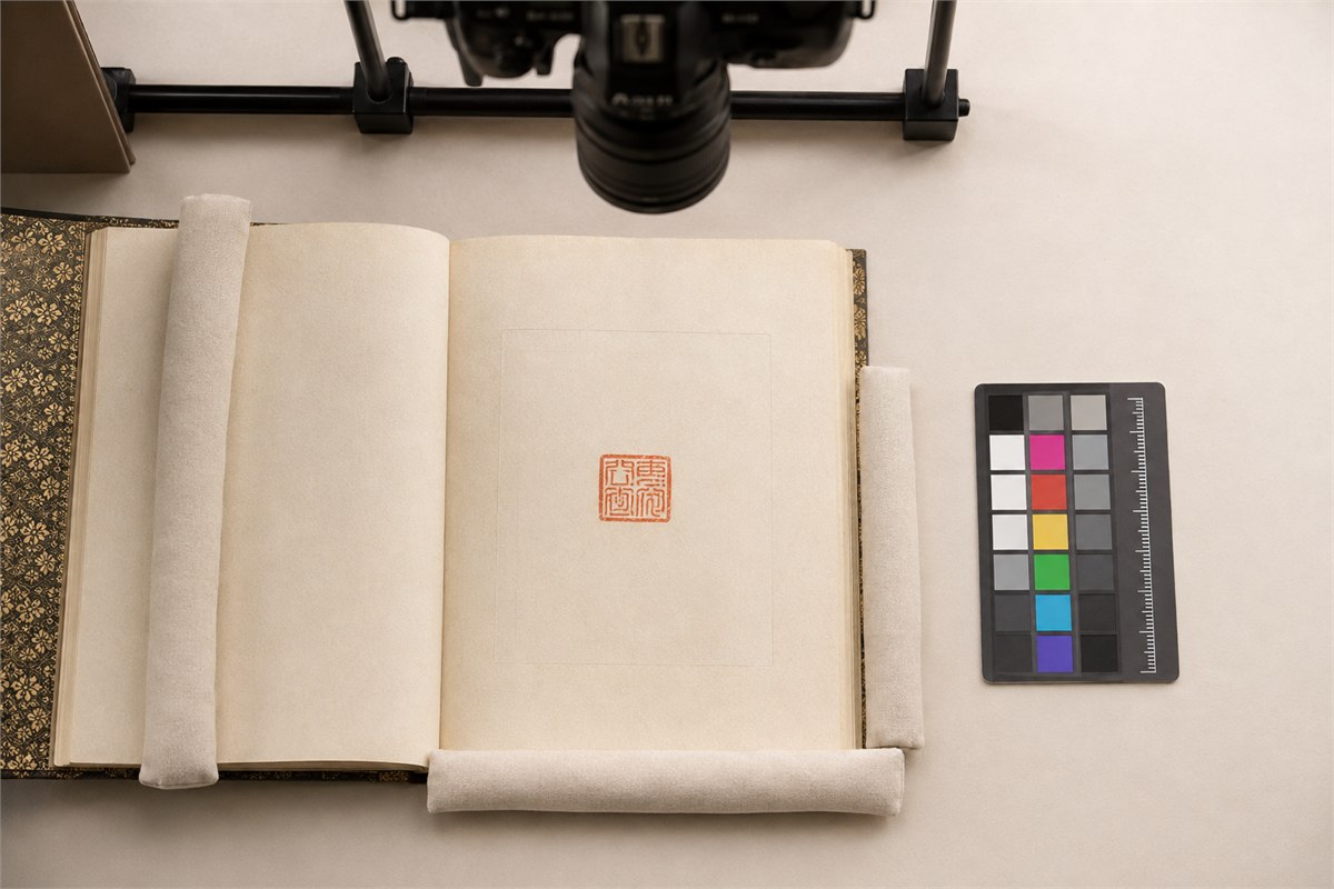 Open seal impression album photographed from above with a color reference and scale